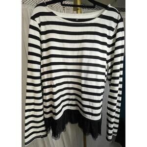 Talbots Black White Striped Top Lace Hem Long Sleeve 100% Cotton Size L